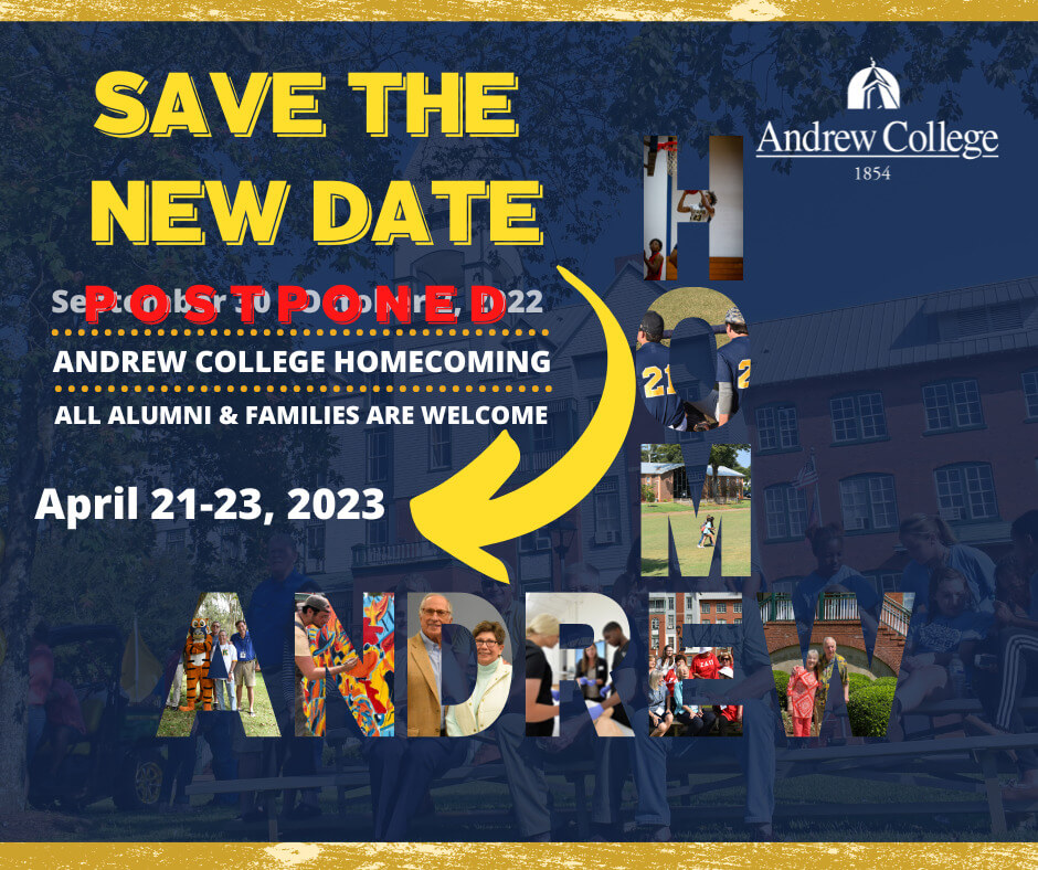 Graphic for Save the Date for new Homecoming Dates because postponed new dates April 21-23, 2022