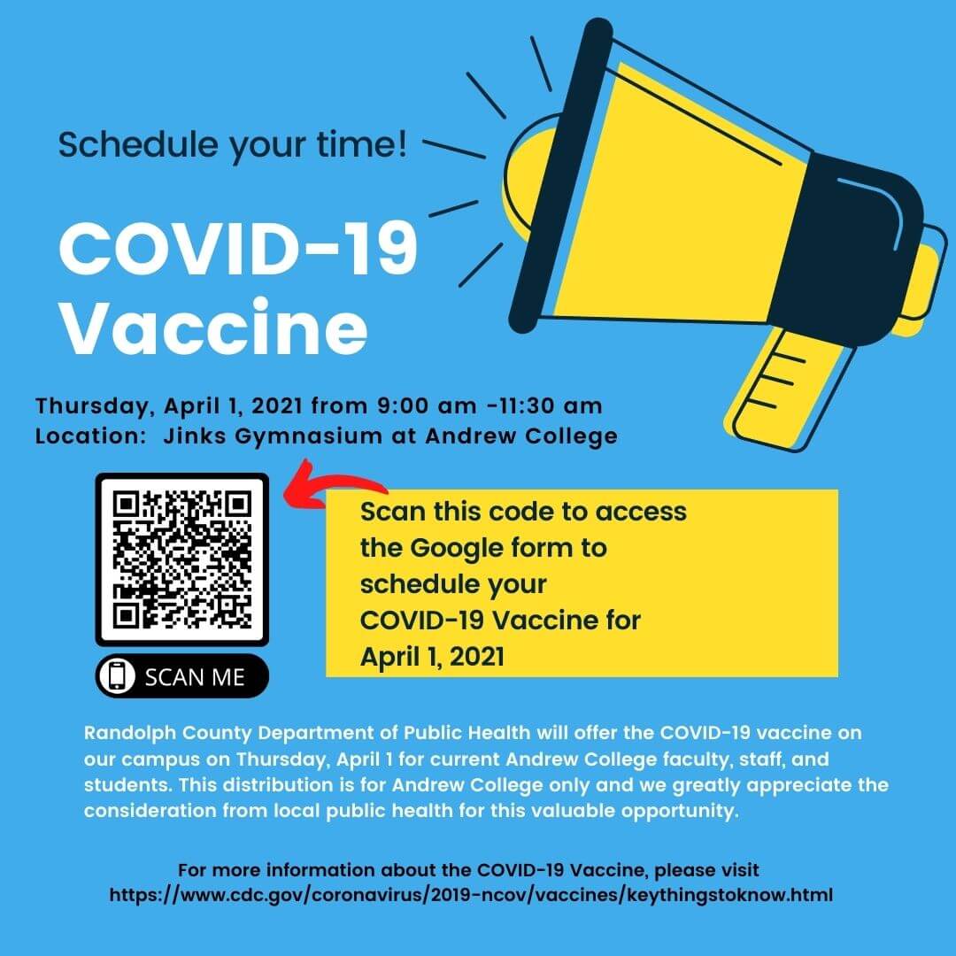 Image announcing COVID-19 vaccine available April 1st, 2021 at Andrew College for Andrew College current students, faculty, and staff.