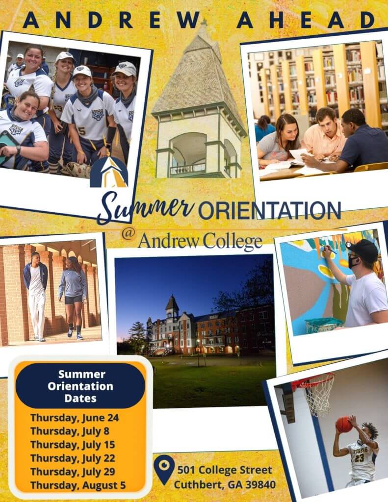 Student Summer Orientation at Andrew College with dates. 