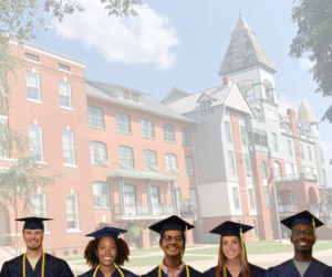 Commencement website Graphic 2022 with Old Main and previous graduates