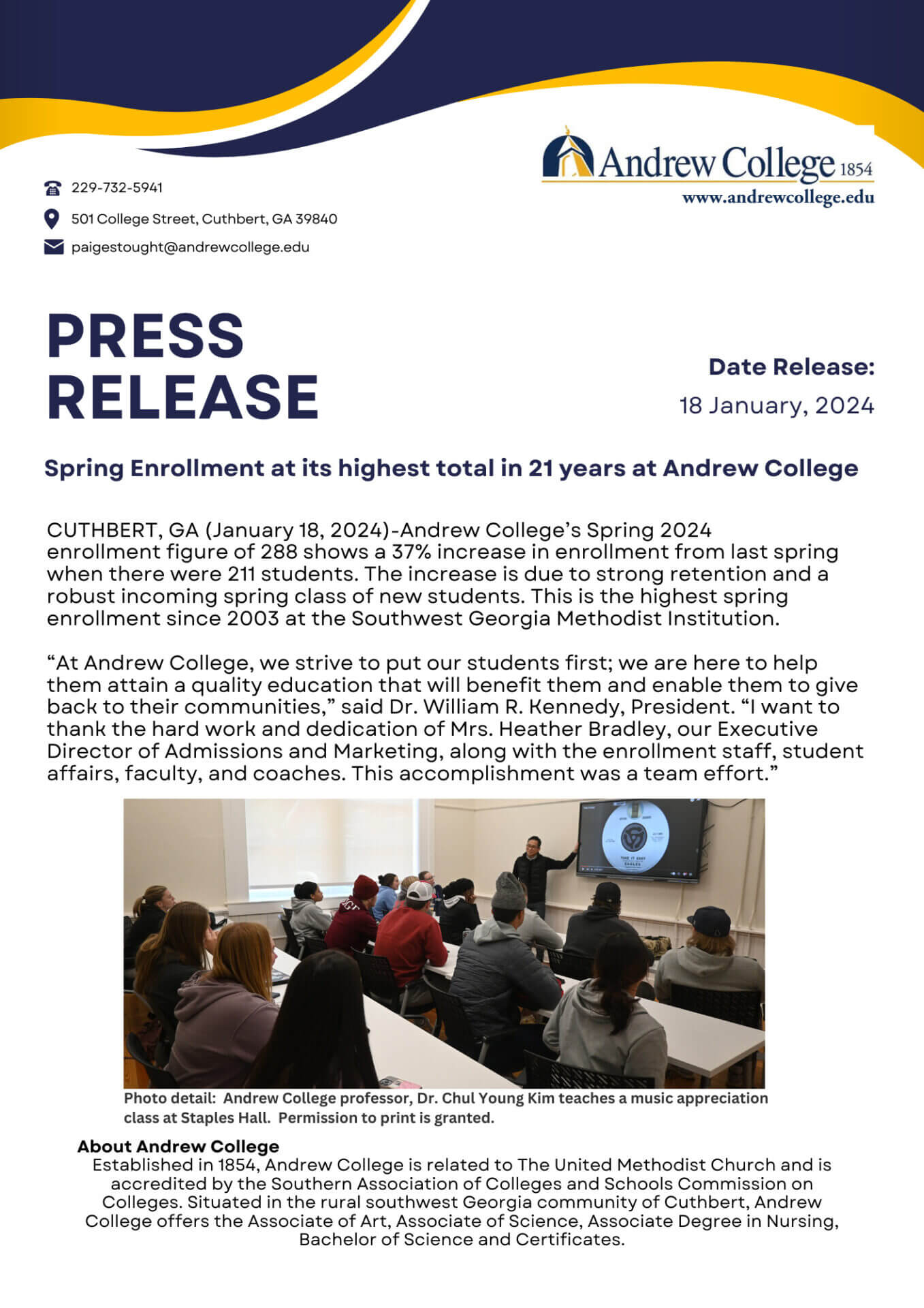 Spring Enrollment at its highest total in 21 years at Andrew College ...